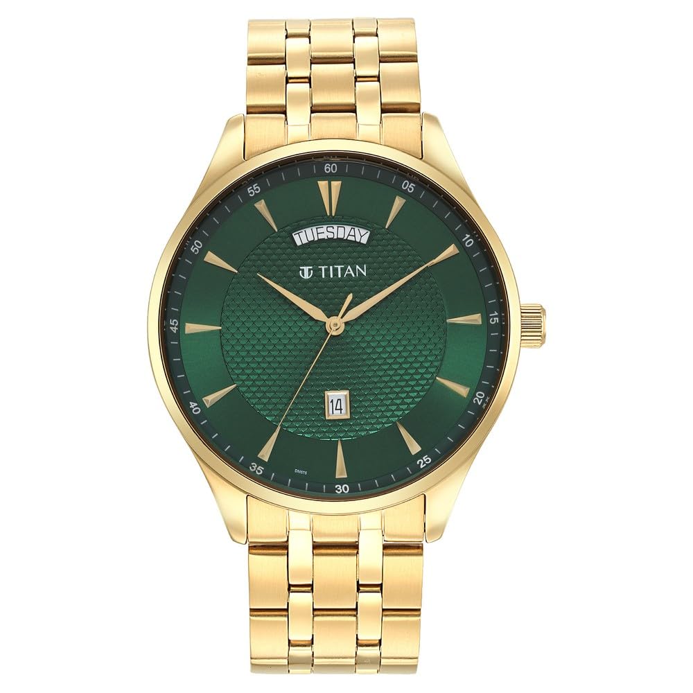 Titan Opulent LII Quartz Analog with Day & Date Green Dial Gold Stainless Steel Strap Watch for Men