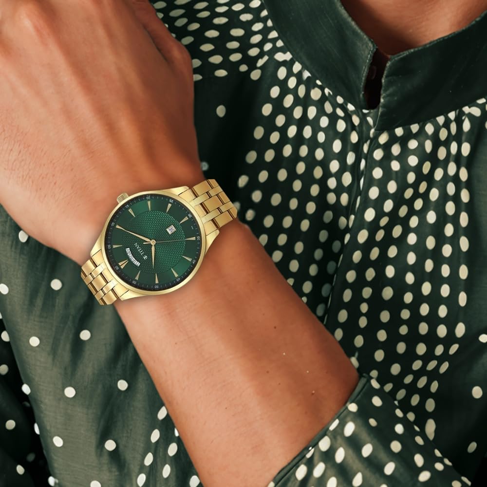 Titan Opulent LII Quartz Analog with Day & Date Green Dial Gold Stainless Steel Strap Watch for Men