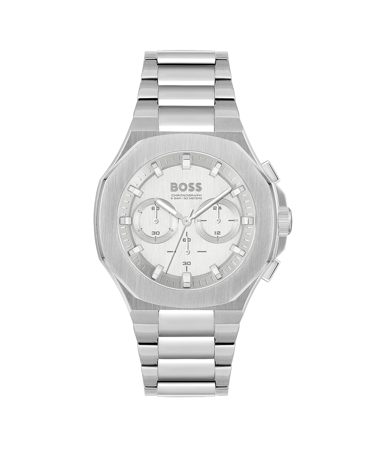 BOSS Taper Qtz Fashion Chrono Silver Tonneau Dial Men's Analog Watch|Stainless Steel Material|Silver Color Band