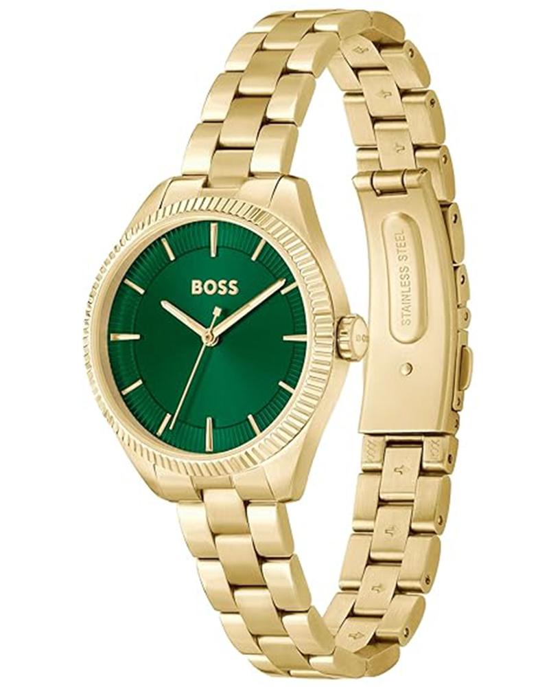 HUGO BOSS Sage Qtz Basic Green Round Dial Women's Analog Watch|Ionic Plated Thin Gold Steel Material|Gold Color Band