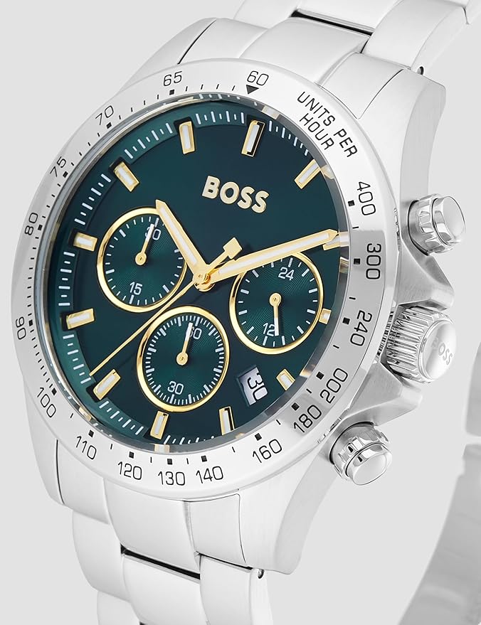 BOSS Hero Qtm Qtz Fashion Chrono Green Round Dial Men's Watch|Stainless Steel Material|Silver Color Band