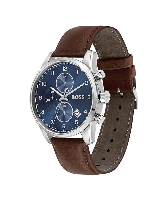 Hugo Boss Leather Skymaster Analog Blue Dial Men's Watch-Band Color-Brown