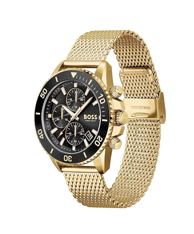 BOSS Admiral Qtz Fashion Chrono Black Round Dial Men's Analog Watch|Ionic Plated Thin Gold Steel Material|Gold Color Band