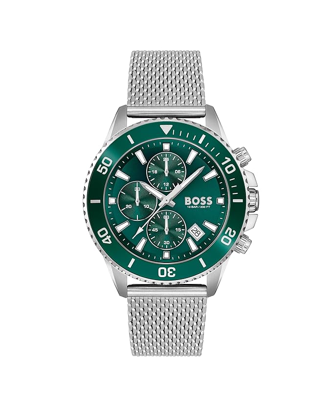 BOSS Admiral Qtz Fashion Chrono Green Round Dial Men's Analog Watch|Stainless Steel Material|Silver Color Band