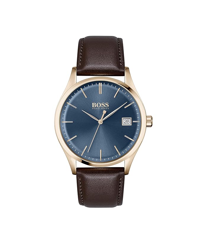Hugo Boss Commissioner Leather Analog Men's Watch,Blue Dial Brown Colored Strap
