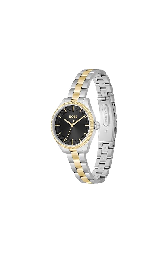 Hugo BOSS Boss Sage Qtz Basic Black Round Dial Multicolor Strap Women's Analog Watch|Two Tone Stainless Steel Material|Silver Color Band