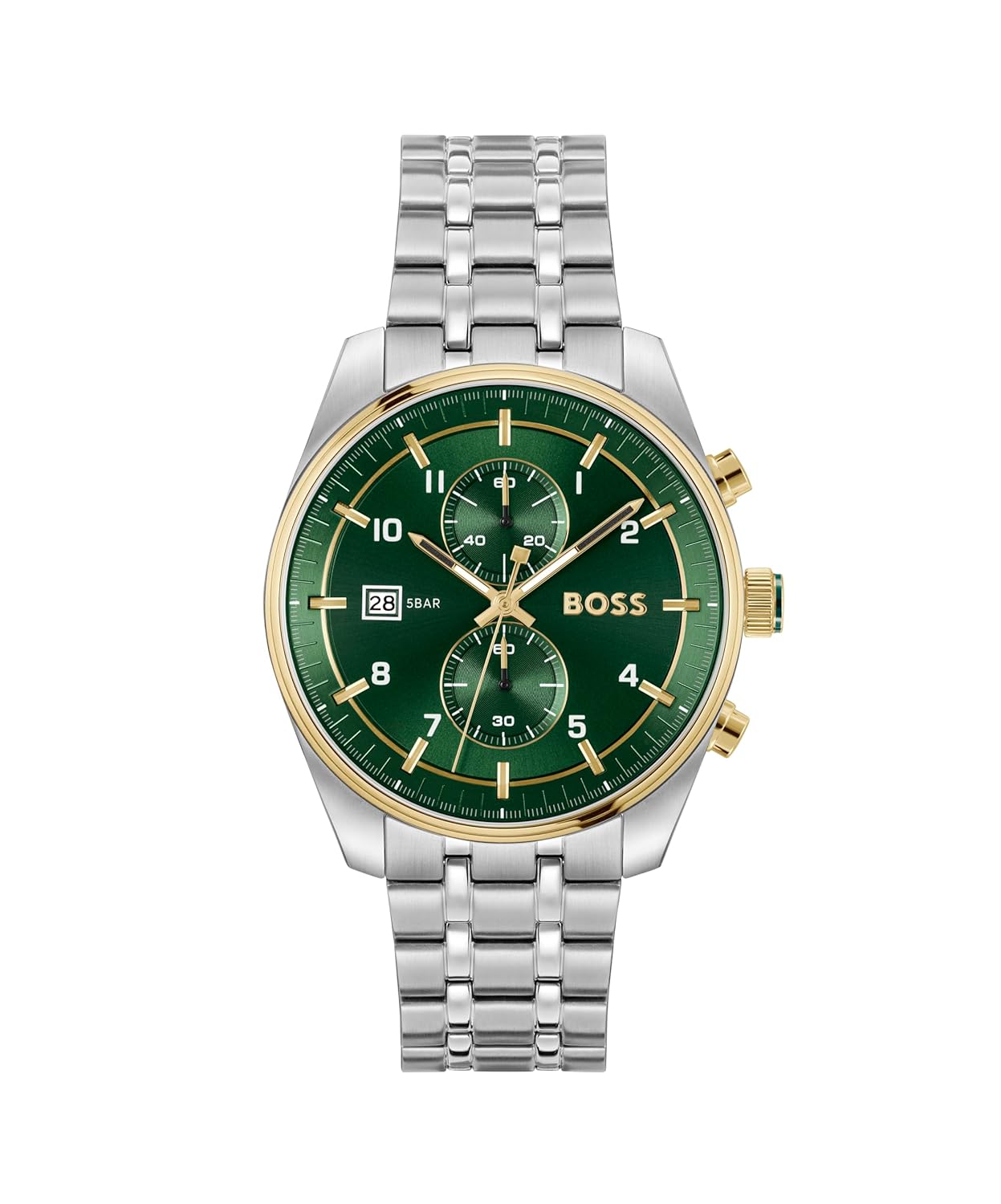 BOSS Hugo Skytraveller Qtz Analog Fashion Chrono Green Round Dial Men's Watch|Stainless Steel Material|Silver Color Band
