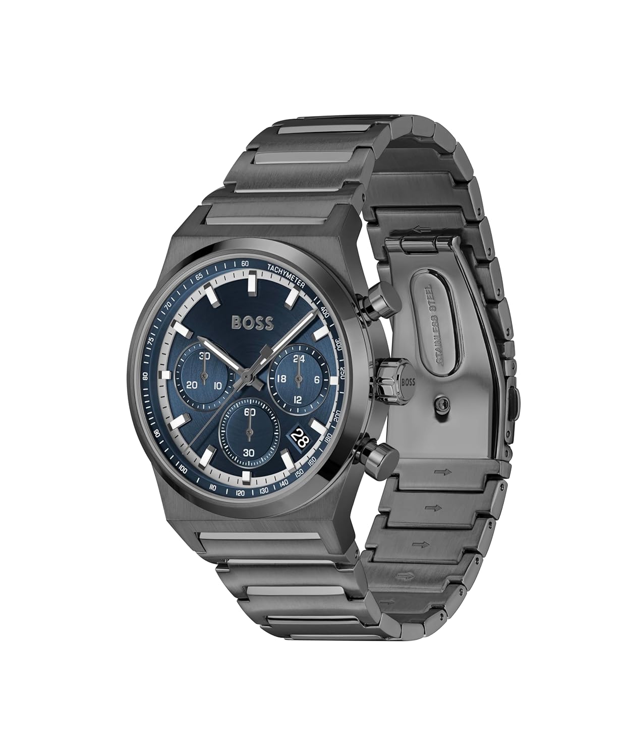 BOSS Candor Chrono Qtz Fashion Chrono Blue Round Dial Men's Watch|Ionic Plated Grey Steel Material|Grey Color Band