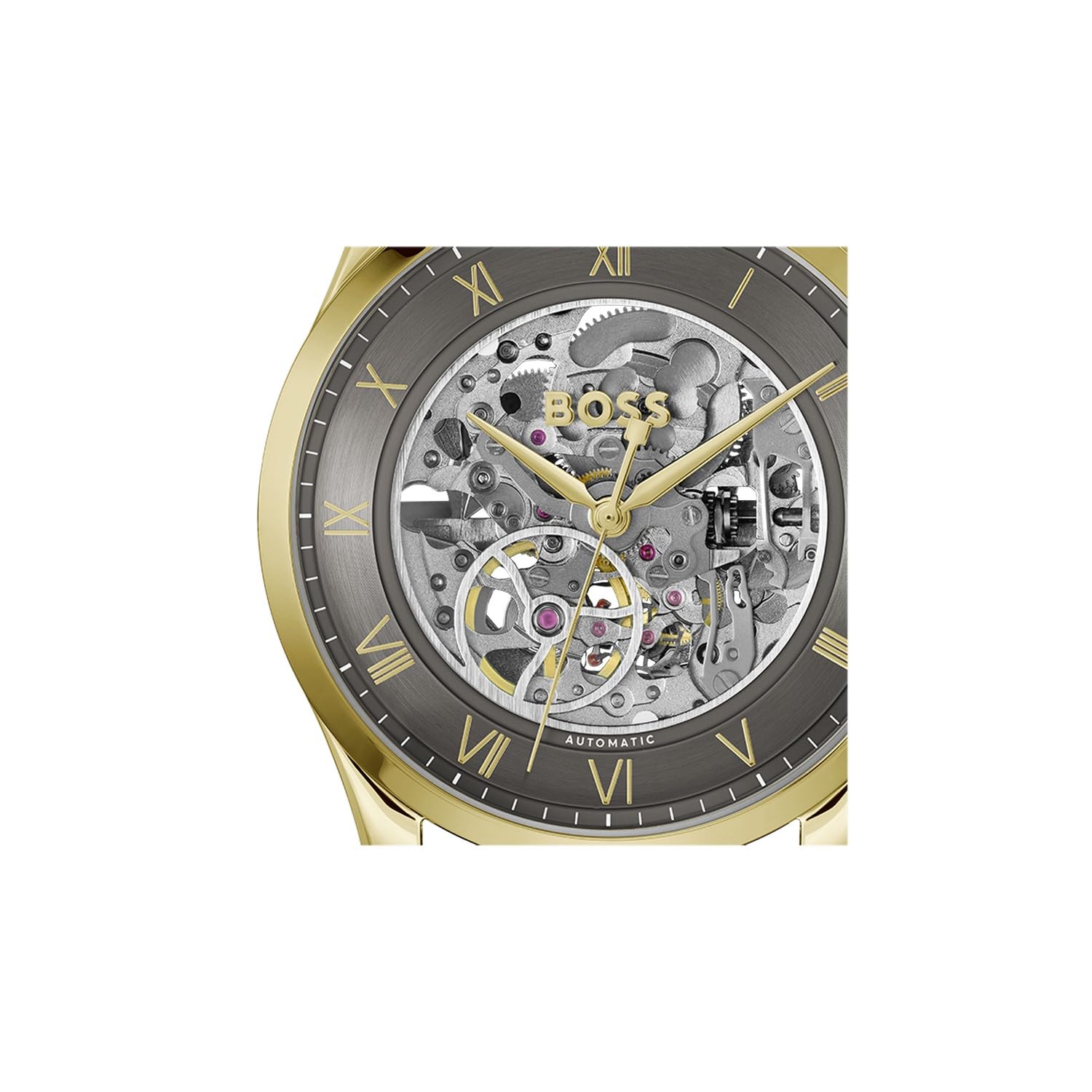 BOSS Principle Skeleton Mech-Automatic Dark Grey Round Dial Men's Watch|Brown Calfskin Material|Brown Color Band