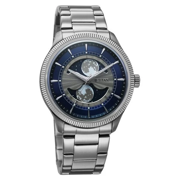 Titan Stellar Analog with Dual Moon Phase and Blue Dial Silver Stainless Steel Strap Watch for Men