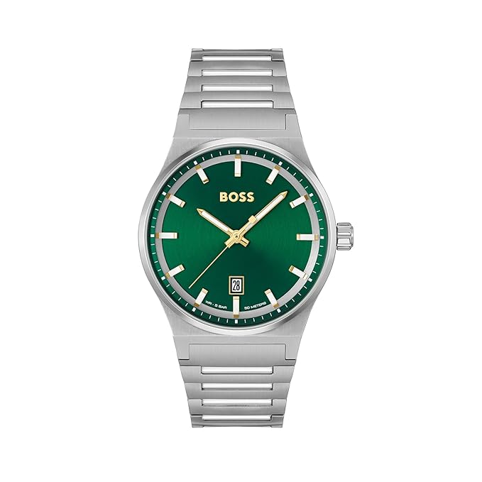 BOSS Candor Qtz Basic Calendar Green Round Dial Men's Analog Watch|Stainless Steel Material|Silver Color Band