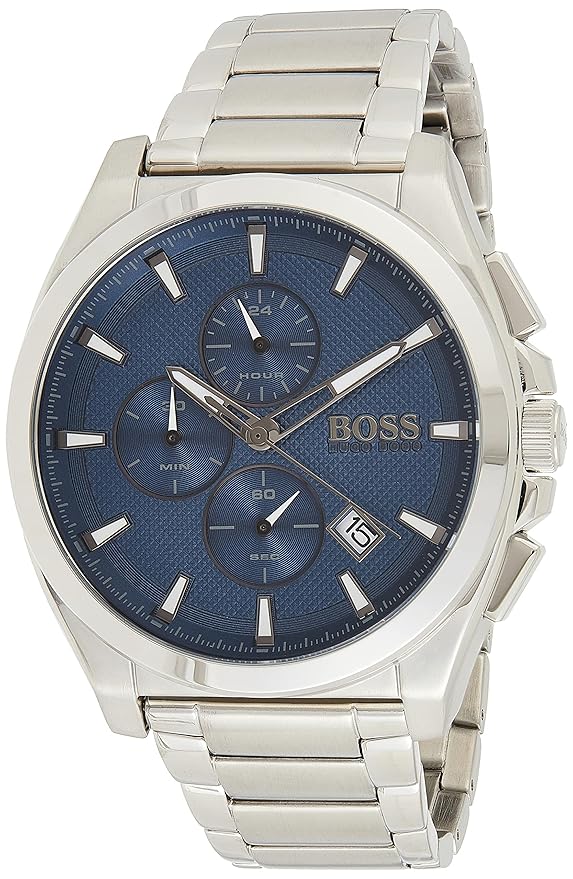 BOSS Grandmaster Qtz Fashion Chrono Blue Round Dial Men's Watch|Stainless Steel Material|Silver Color Band