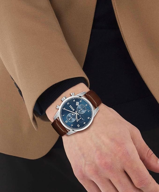 Hugo Boss Leather Skymaster Analog Blue Dial Men's Watch-Band Color-Brown