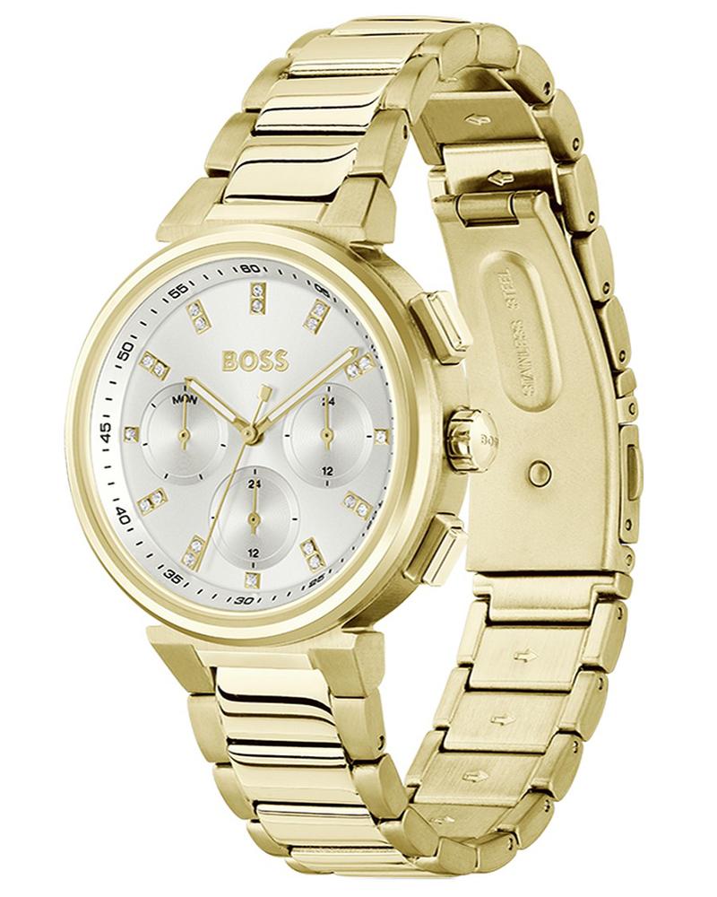 BOSS One Qtz Multifunction Silver White Round Dial Women's Watch|Ionic Plated Thin Gold Steel Material|Gold Color Band
