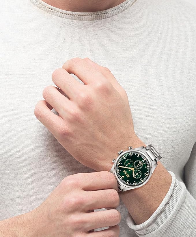 BOSS Hugo Stainless Steel Pioneer Analog Green Dial Men Watch- Silver Band