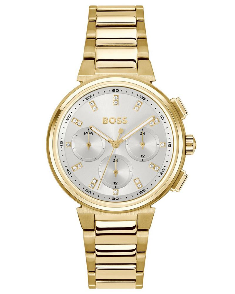 BOSS One Qtz Multifunction Silver White Round Dial Women's Watch|Ionic Plated Thin Gold Steel Material|Gold Color Band
