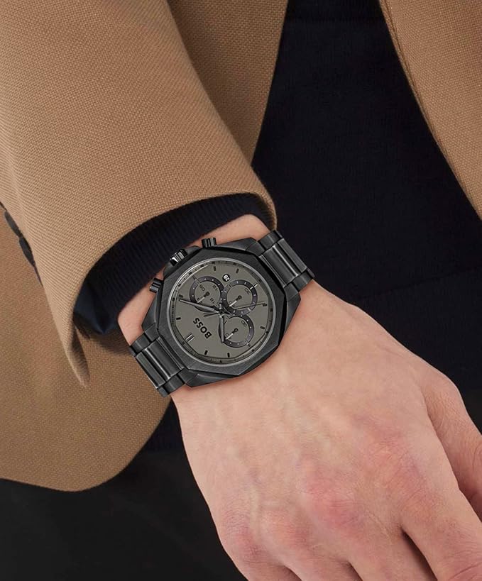 BOSS Cloud Qtz Fashion Chrono Grey Round Dial Men's Analog Watch|Ionic Plated Black Steel Material|Black Color Band