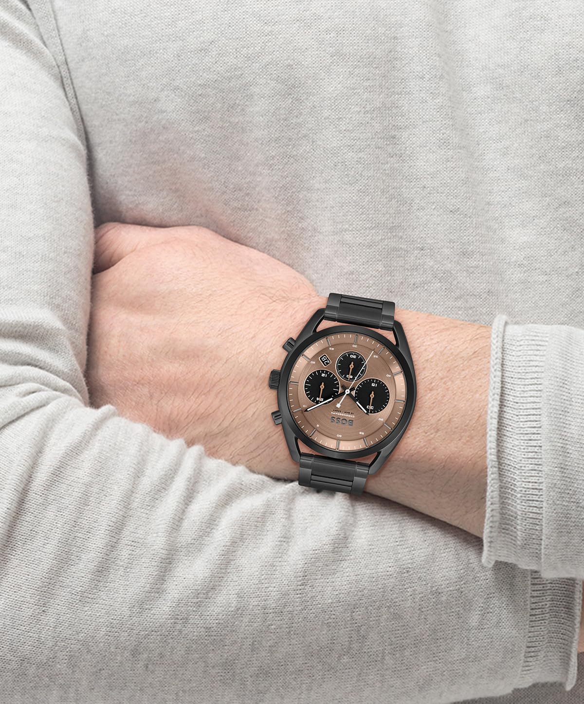 BOSS Top Qtz Fashion Chrono Brown Round Dial Men's Analog Watch|Ionic Plated Black Steel Material|Black Color Band