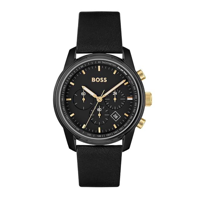 Hugo Boss Trace Leather Analog Men's Watch-Black Dial Black Coloured Strap