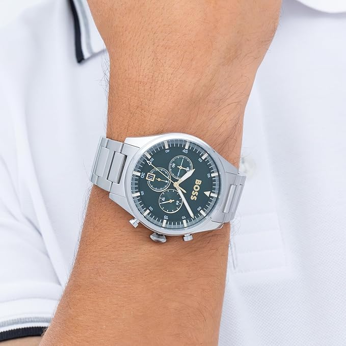 BOSS Hugo Stainless Steel Pioneer Analog Green Dial Men Watch- Silver Band