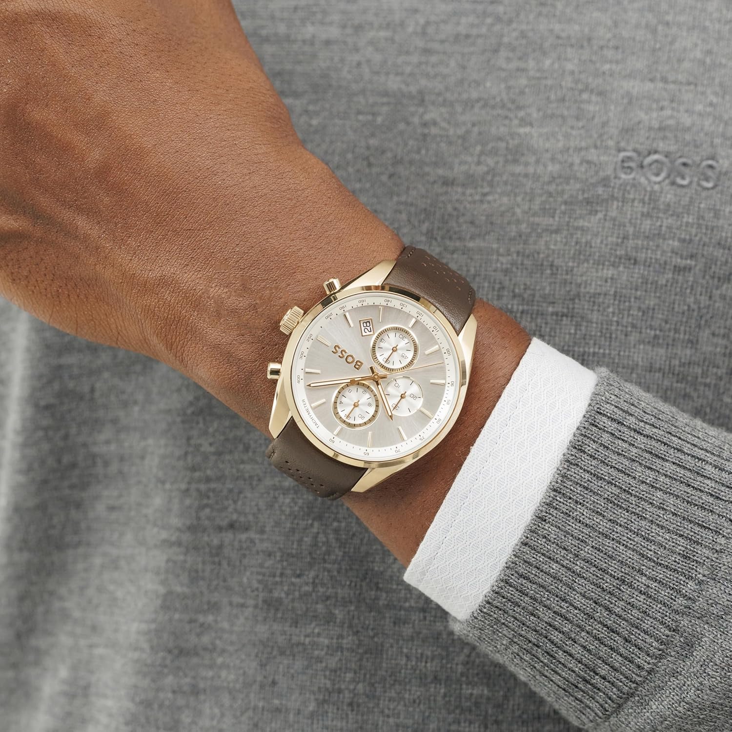 BOSS Grand Prix 44 Qtz Fashion Chrono Silver White Round Dial Men's Watch|Brown Leather Material|Brown Color Band