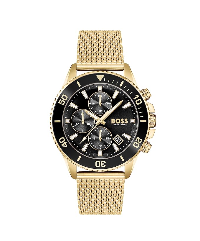 BOSS Admiral Qtz Fashion Chrono Black Round Dial Men's Analog Watch|Ionic Plated Thin Gold Steel Material|Gold Color Band