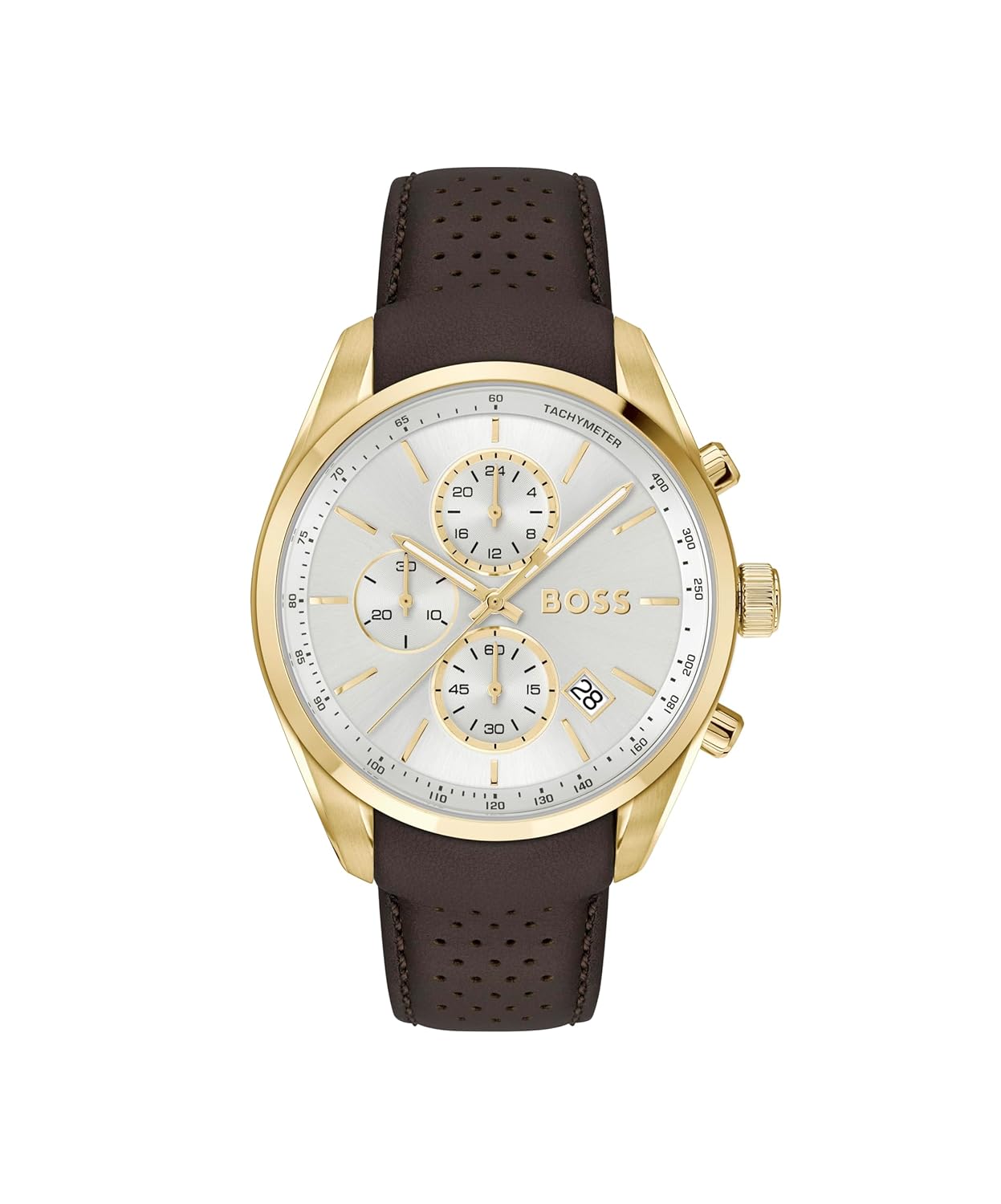BOSS Grand Prix 44 Qtz Fashion Chrono Silver White Round Dial Men's Watch|Brown Leather Material|Brown Color Band