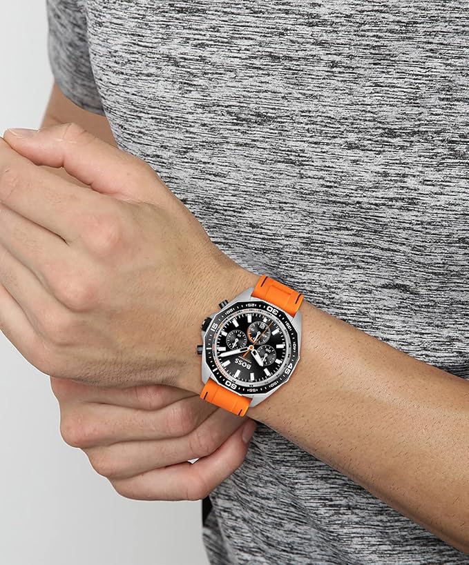 Hugo Boss Mens Silicone Boss Energy Analog Black Dial Watch-Band Color:Orange