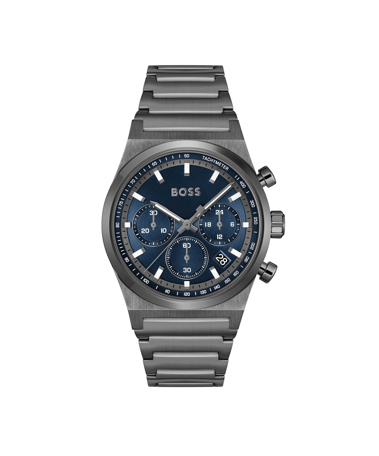 BOSS Candor Chrono Qtz Fashion Chrono Blue Round Dial Men's Watch|Ionic Plated Grey Steel Material|Grey Color Band