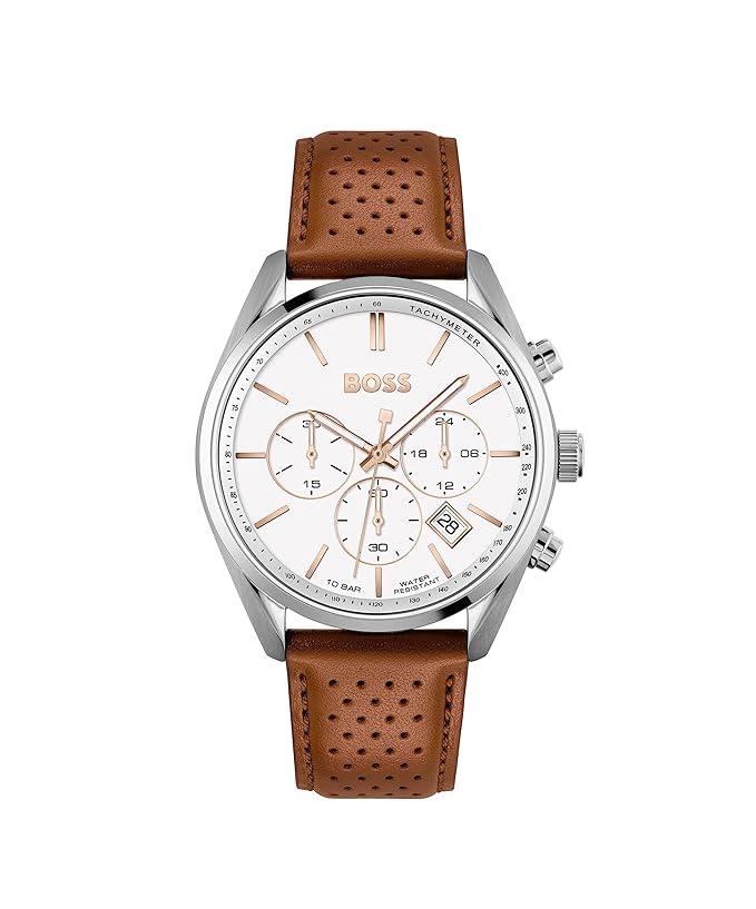 Hugo Boss Champion Leather Analog Men's Watch-White Dial Brown Coloured Strap