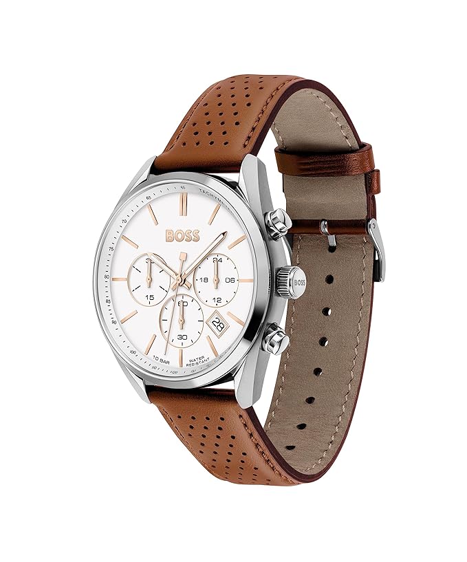 Hugo Boss Champion Leather Analog Men's Watch-White Dial Brown Coloured Strap