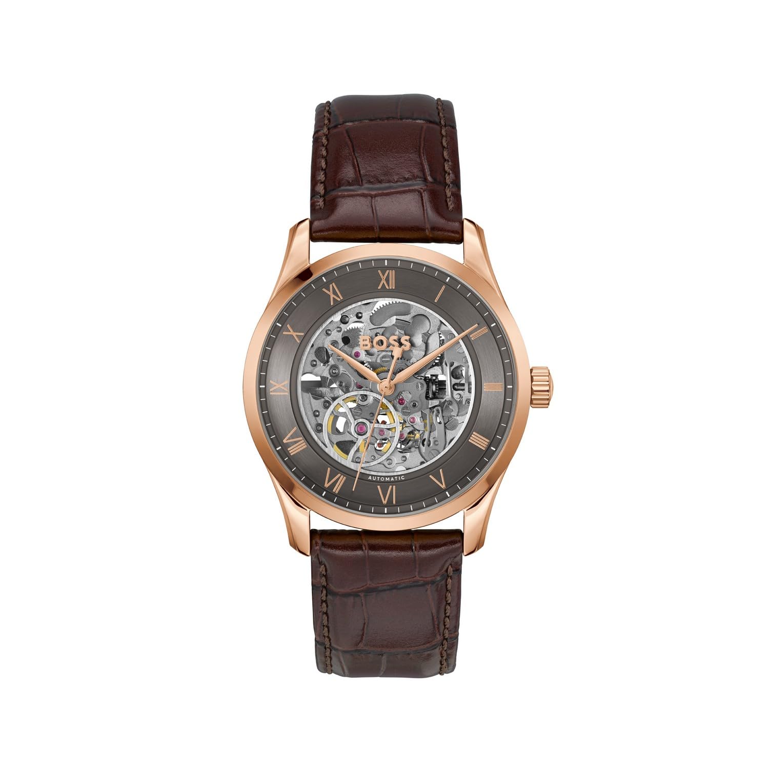 BOSS Principle Skeleton Mech-Automatic Dark Grey Round Dial Men's Watch|Brown Calfskin Material|Brown Color Band
