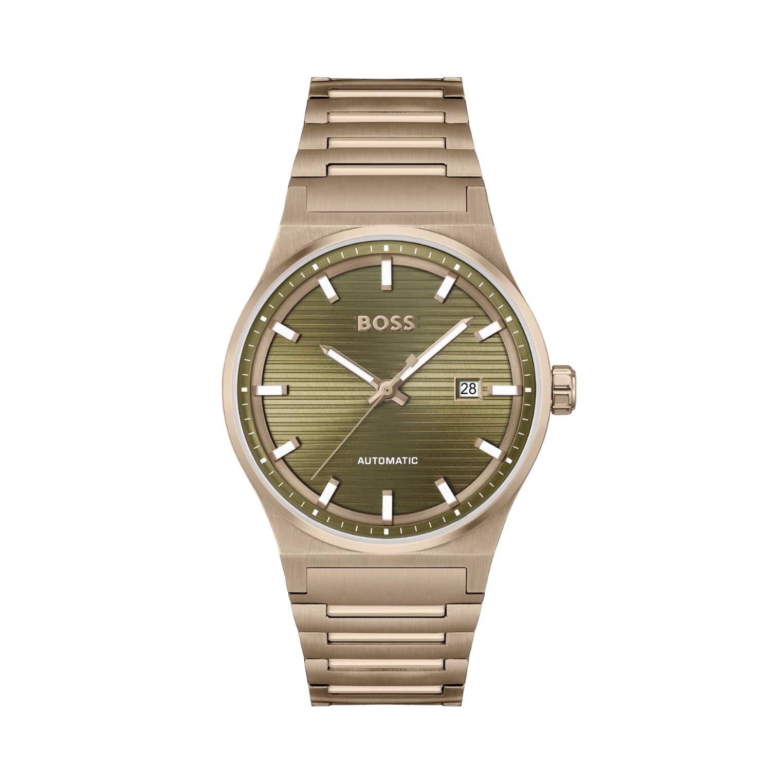 BOSS Candor Auto Mech-Automatic Olive Green Round Dial Men's Watch|Ionic Plated Beige Gold Steel Material|Gold Color Band